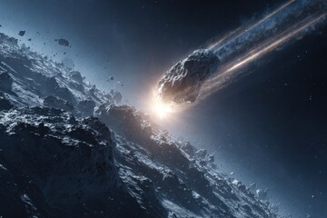Asteroid hurtles through space leaving a bright trail. Celestial impact on a rocky surface, starry night sky overhead, cosmic collision.