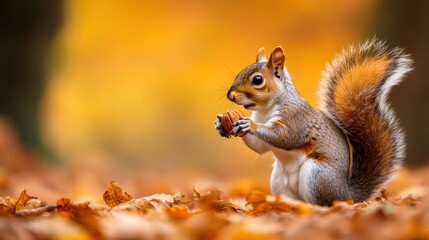 Obraz premium Squirrel eating nut in autumn leaves
