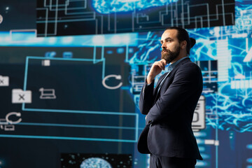 Tech savvy entrepreneur employs AI brain data visualization, exploring algorithmic thinking and...