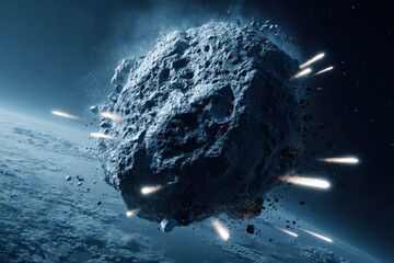 Asteroid hurtling through space towards Earth with glowing trails of debris entering the atmosphere, creating a dramatic spectacle.
