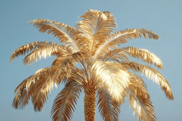 Golden palm tree against a soft blue backdrop. A tropical fantasy with warm metallic shine in a summery setting. 