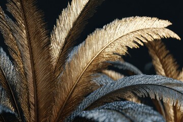 Elegant display of feathers in gold and silver hues against a dark backdrop, capturing subtle textural details and iridescent shimmer.