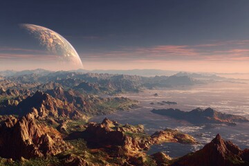 Spectacular view of a distant planet rising above a rugged alien landscape featuring mountains, valleys, and water bodies under a hazy sky.