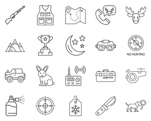 A collection of hunting icons with equipment and animal silhouettes