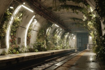 Overgrown subway: Abandoned station overtaken by nature, showcasing plants on the platform and walls of the underground transit hub.