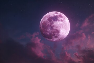 A dreamy full moon casts a soft, ethereal glow across the night sky, painted with wisps of magenta clouds and scattered stars.