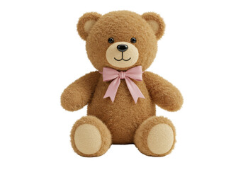 Isolated Fluffy Brown Teddy Bear with a Delicate Pink Ribbon