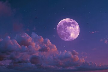 A vibrant moon shines brightly in a night sky filled with stars and dreamy clouds. The scene evokes peace and wonder with its beauty.