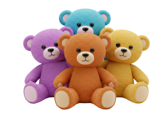 Isolated Group of Colorful and Cuddly Teddy Bears Sitting Together
