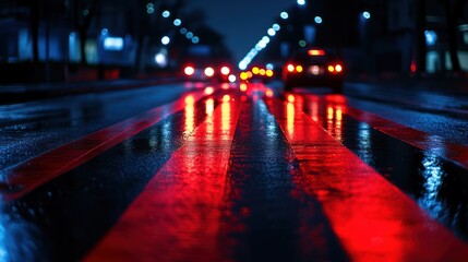 Wet city street at night, vibrant reflections (1)