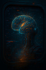 A futuristic digital representation of a human brain with glowing neural networks and data streams, framed within a dark, technological interface.