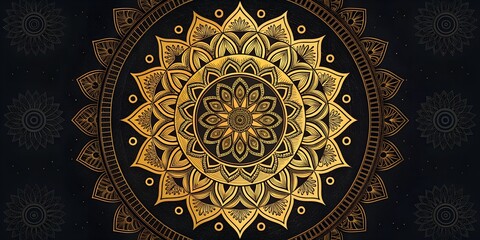 "A black background with a central gold mandala design radiating intricate details."

