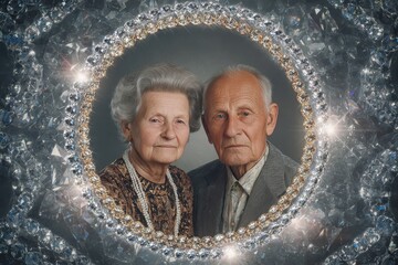 Elderly couple portrait framed by diamonds, their enduring love sparkling through time, a timeless image of connection and devotion.