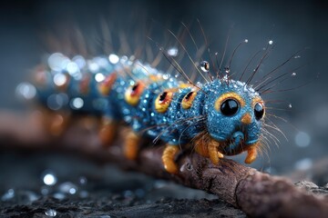 Dew-kissed caterpillar with striking blue, orange, and black markings, captured in a macro shot on a twig, creating a mesmerizing image.