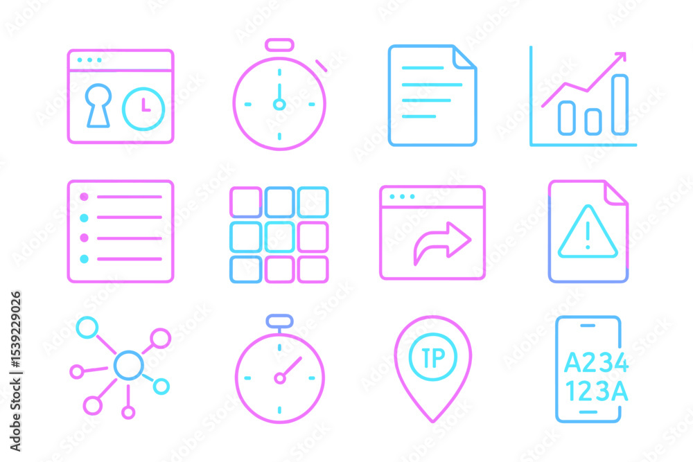 Poster glowing neon icons on dark background with graphs and symbols