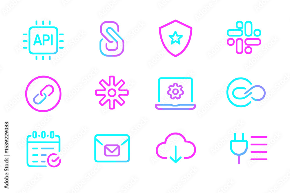 Poster neon tech icons set featuring cloud, api, email, security, and coding symbols