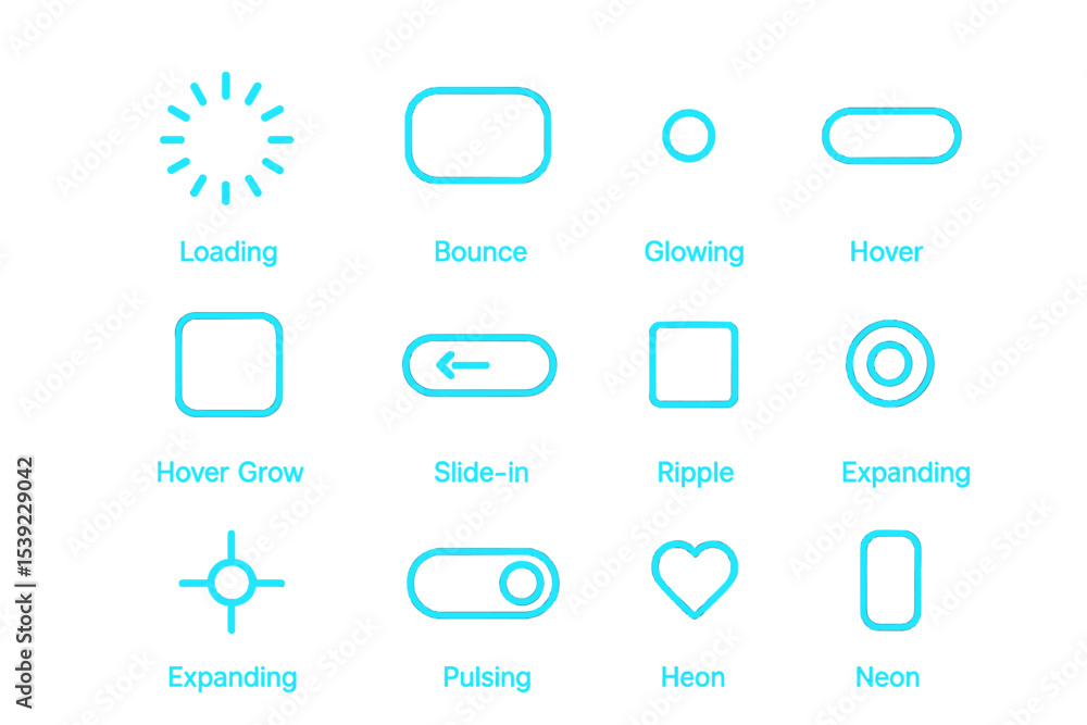 Poster neon blue animation icons for ui design on glowing background