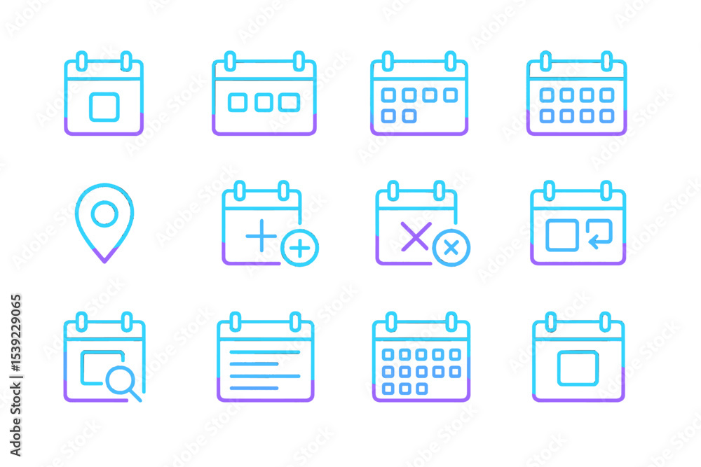 Poster neon calendar icons set with map pin and search symbol on dark background