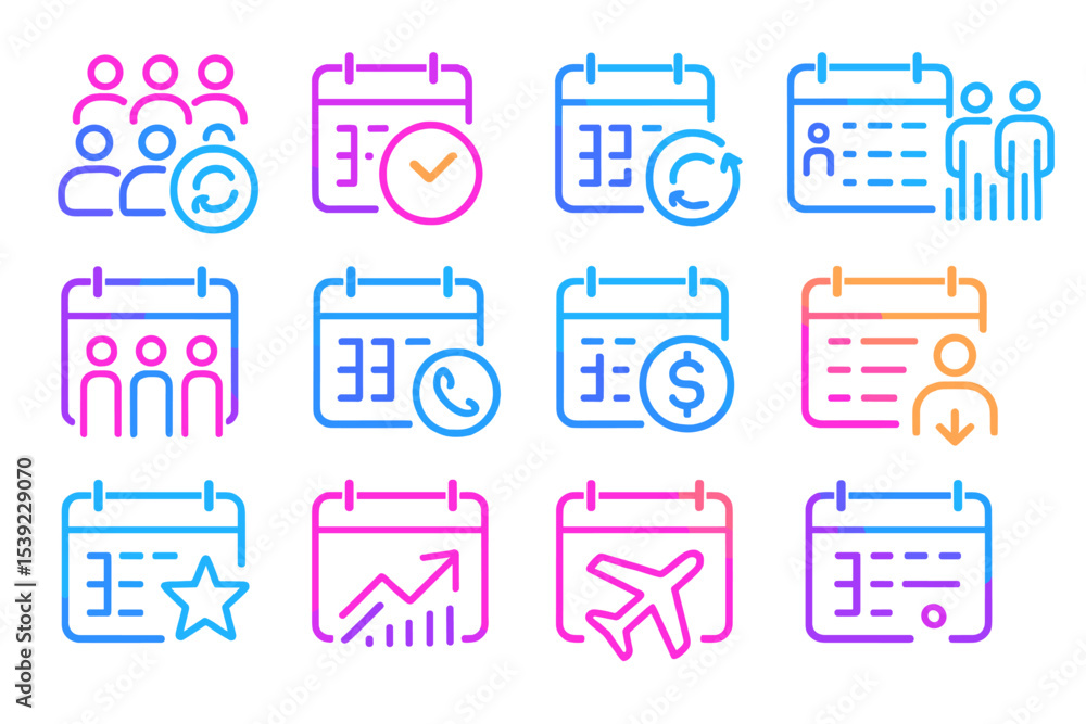 Poster neon calendar icons set in gradient colors for digital planning and scheduling