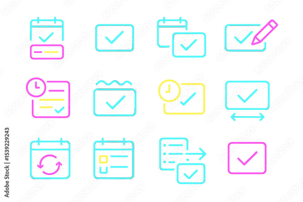 Poster neon glowing icons representing task and time management in vibrant colors