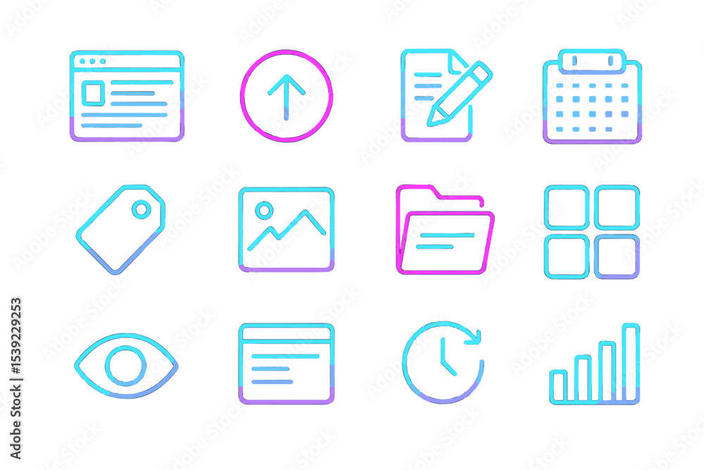 Poster neon icons for digital interface: file, image, folder, and navigation elements
