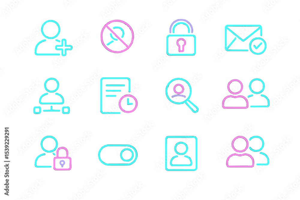 Poster neon icons representing communication, security, and user interface elements