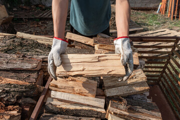 Lumberjack wearing protective gloves is carefully holding a piece of split firewood, standing near a pile of chopped wood, likely preparing for the upcoming winter season