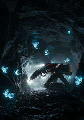 A heavy mining machine with a bright drill illuminates a dark cavern filled with glowing blue crystals, indicating subterranean resource extraction.