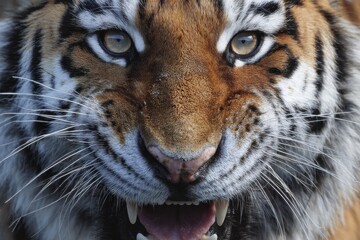 Close-up on a tiger's face, showcasing its powerful features, piercing eyes, and sharp teeth. A display of nature's raw beauty and power.