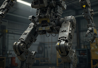 Close-up on the articulated legs and lower torso of a large, industrial robot frame in a workshop, highlighting its mechanical complexity and potential for movement.