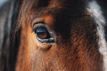 A close-up image of a captivating horse eye, showcasing the depth and color, and reflecting a hint of the sky above. 