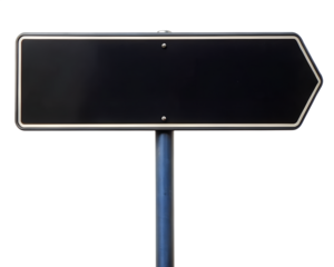 Direction Sign: A black road sign with an arrow pointing to the right, ready for your custom message, signifies direction and guidance. The sign is mounted on a pole, ready to lead the way. 