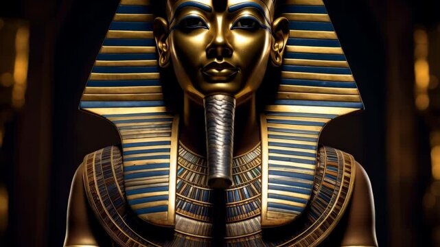 Golden mask of a pharaoh with blue stripes and ceremonial beard, ancient Egypt royal headdress, rich and luxurious
