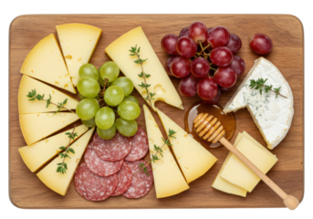 Isolated Cheese Board with Grapes Salami and Honey