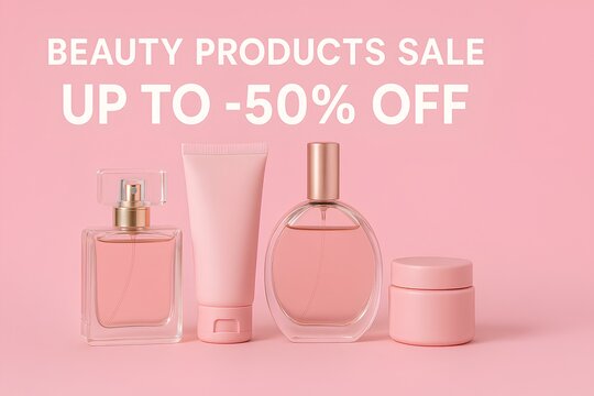 Beauty products sale, pink background, bottles of perfume and cream, Up to -50 off text