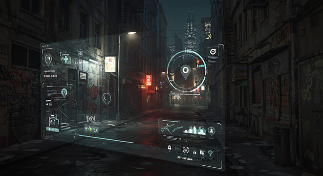 An immersive first-person view of a futuristic heads-up display overlaying a dark, rainy city street at night, showing augmented reality navigation and data.