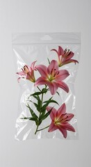 Pink lilies packaged in clear plastic bag on neutral background  
