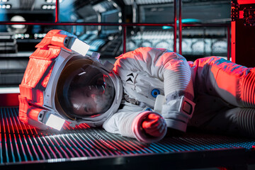 Space traveler lies motionless on floor, affected by low oxygen levels after critical systems shut...