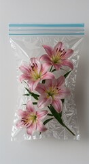 Obraz premium Pink lilies packed in a transparent plastic bag on white background 