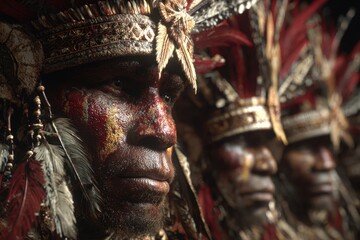Detailed close-up of indigenous individuals adorned with traditional tribal paint and ornate headdresses featuring feathers and intricate beadwork.