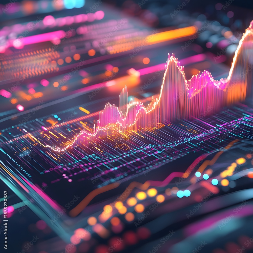 Poster abstract glowing data graph with pink and orange peaks and blue lines on a dark background