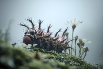 Spiky caterpillar with bulbous eyes and striking markings crawls on a mossy surface in a misty outdoor setting, intriguing and detailed.