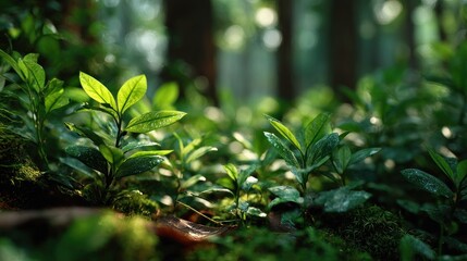 Obraz premium Sunlit undergrowth in a lush forest with vibrant green leaves detail