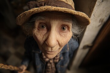 Intense close-up of an elderly woman wearing a straw hat, her wrinkled face and piercing eyes create a sense of lived experience.