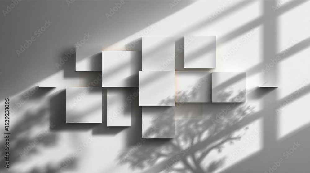 Poster Modular Floating Window Infographic Design Showcasing Shadows and Depth With a Minimalistic Aesthetic in a Creative Workspace