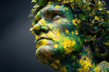 Statue: Green and Yellow Painted Bust with Leaf Crown. Eye looks to the upper-right in a thoughtful expression. Earthy tones.