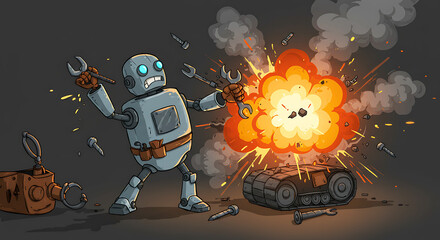 A surprised cartoon robot holding wrenches stands near an exploding device, with tools scattered around, suggesting a mishap or failure