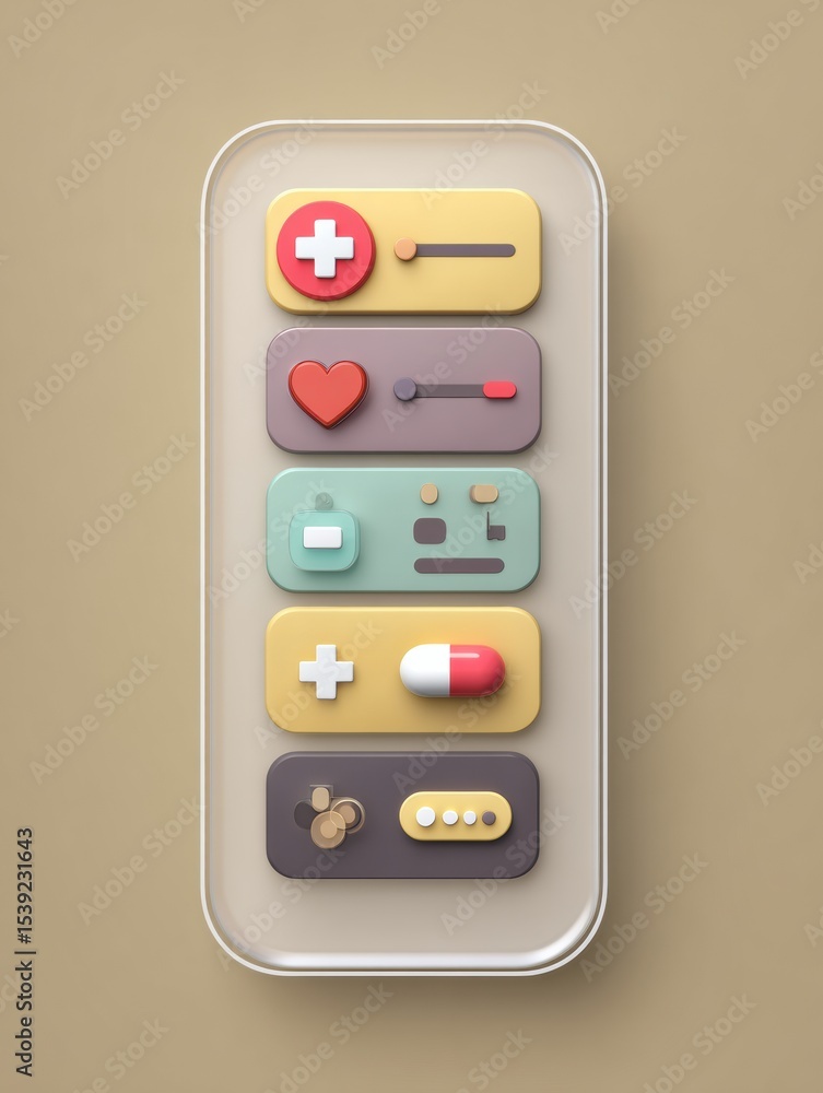 Poster modern soft clay ui interface featuring rounded health icons and interactive elements in a neutral c