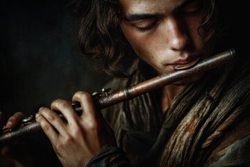 Young man playing a flute, eyes closed, bathed in dramatic lighting. The musician is fully immersed in the music, and isolated from the world.