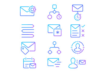 Neon email and workflow icons in blue and purple light on dark background
